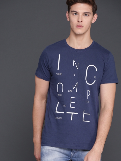 

WROGN Men Blue Printed Round Neck T-shirt