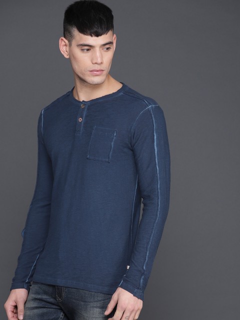 

WROGN Men Blue Solid Henley Neck T-shirt, Navy blue