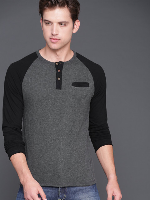 

WROGN Men Grey Solid Henley Neck T-shirt