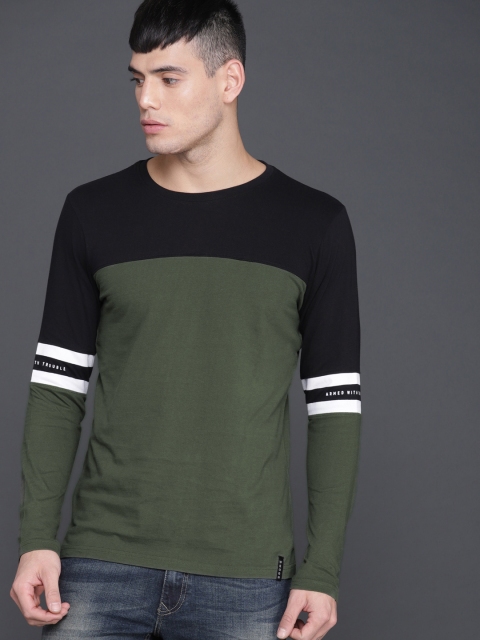 

WROGN Men Olive Green Colourblocked Round Neck T-shirt