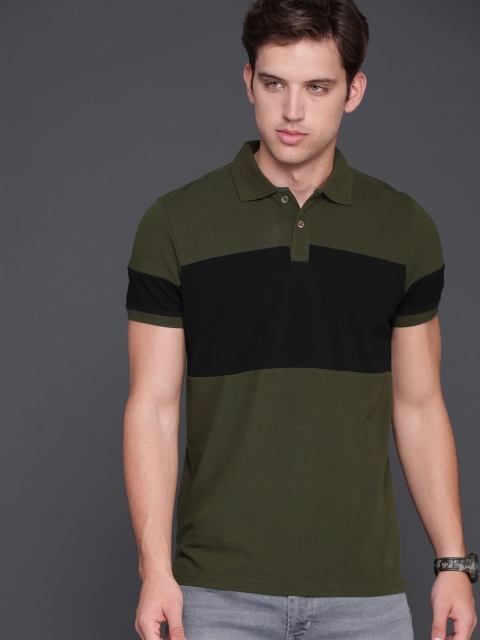 

WROGN Men Olive Green & Black Colourblocked Polo Collar Slim Fit T-shirt