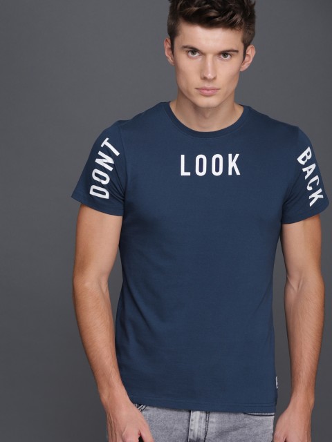 

WROGN Men Navy Blue Printed Round Neck T-shirt