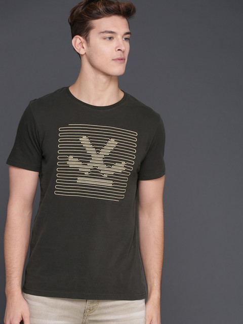 

WROGN Men Grey Rubber Slim Fit Printed Round Neck T-shirt, Black