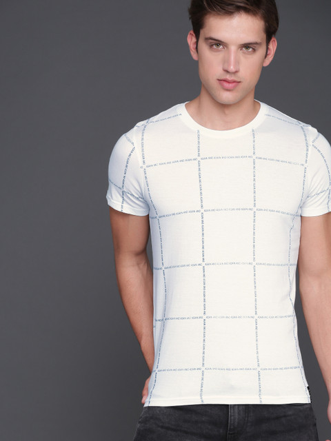 

WROGN Men White Slim Fit Checked Round Neck T-shirt