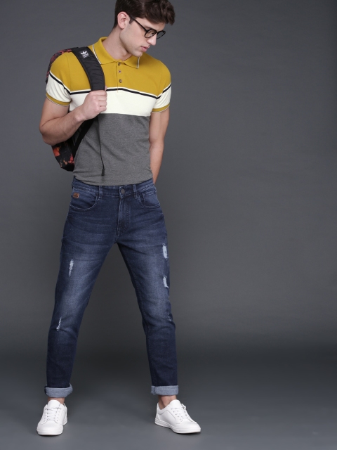 

WROGN Men Grey & Mustard Yellow Colourblocked Polo Collar T-shirt