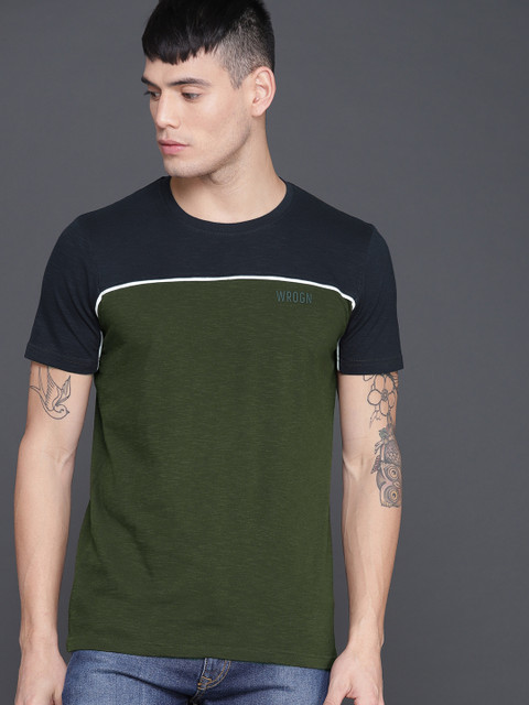 

WROGN Men Olive & Navy Colourblocked Round Neck T-shirt