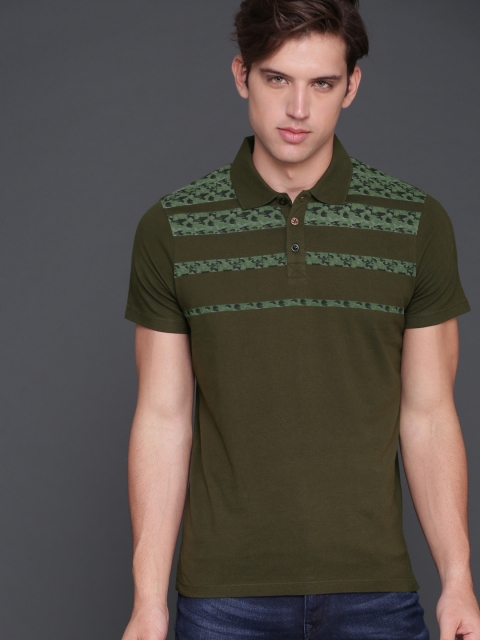 

WROGN Men Olive Green Printed Polo Collar T-shirt