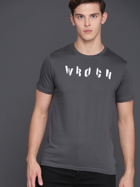 

WROGN Men Charcoal Grey Printed Round Neck T-shirt