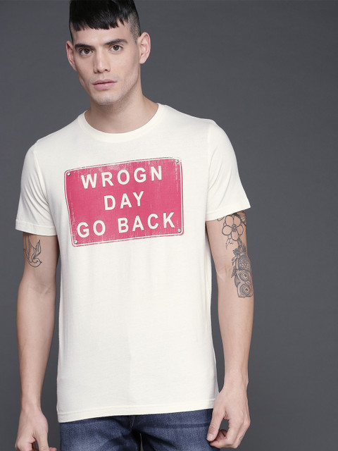 

WROGN Men Off-White Printed Round Neck Slim Fit T-shirt