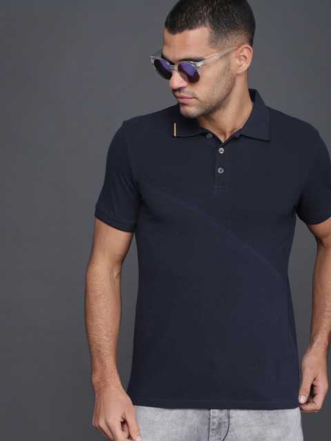

WROGN Men Navy Blue Solid Polo Collar Pure Cotton T-shirt