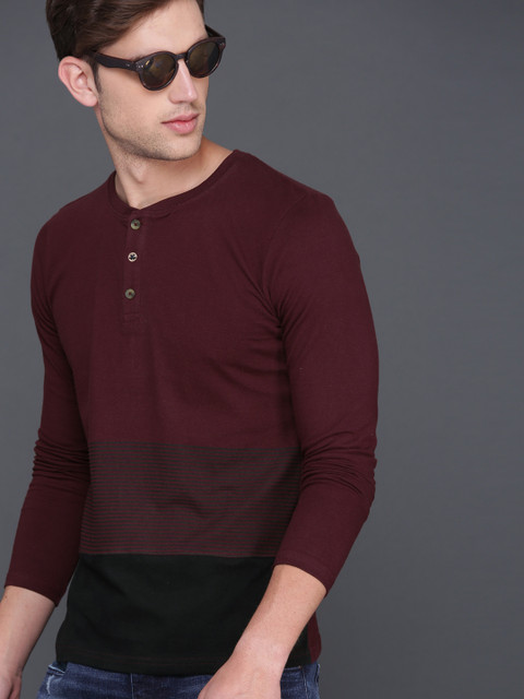 

WROGN Men Burgundy Striped Henley T-shirt