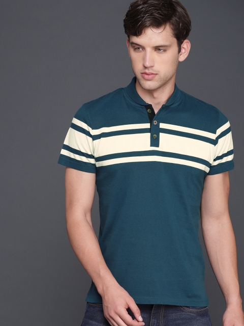 

WROGN Men Blue Colourblocked Polo Collar Slim Fit Pure Cotton T-shirt