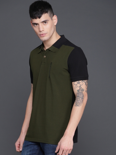 

WROGN Men Olive Green & Black Solid Polo Collar T-shirt