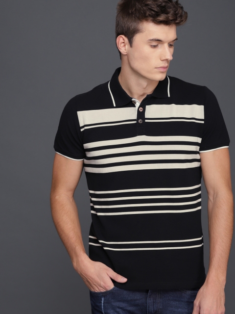 

WROGN Men Black & Off-White Striped Polo Collar Slim Fit T-shirt