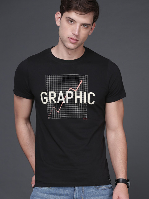 

WROGN Men Black Printed Slim Fit Round Neck T-shirt