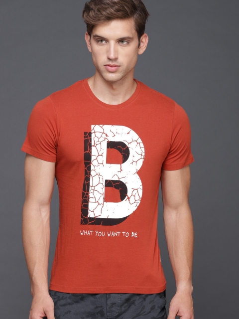 

WROGN Men Rust Orange Printed Round Neck T-shirt