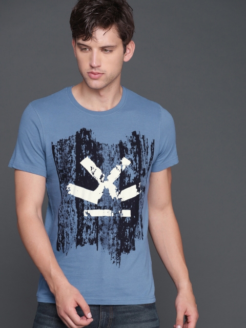 

WROGN Men Blue Printed Round Neck T-shirt