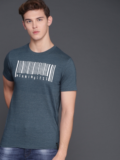

WROGN Men Blue Printed Round Neck T-shirt