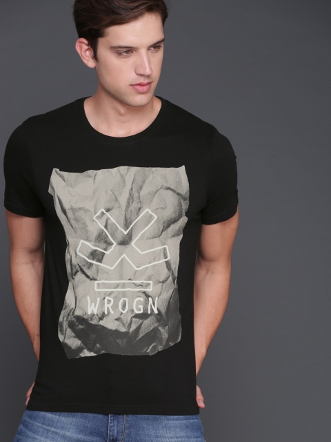 

WROGN Men Black Printed Round Neck T-shirt