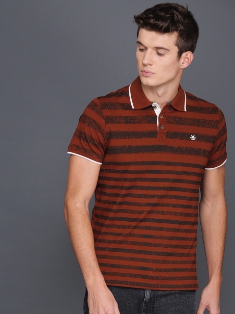 

WROGN Men Rust Red & Black Striped Polo Collar Slim Fit T-shirt