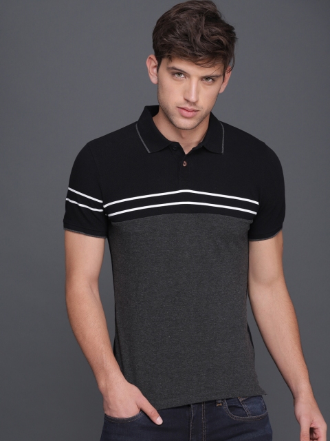 

WROGN Men Black & Grey Colourblocked Polo Collar Slim Fit T-shirt