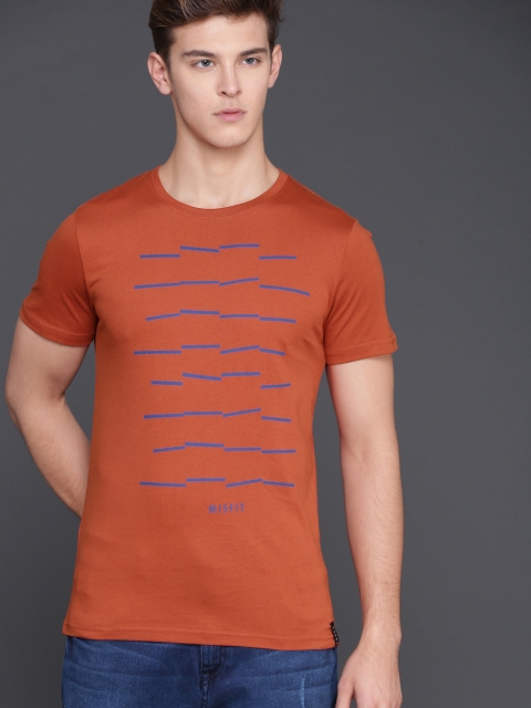 

WROGN Men Rust Orange Printed Round Neck T-shirt