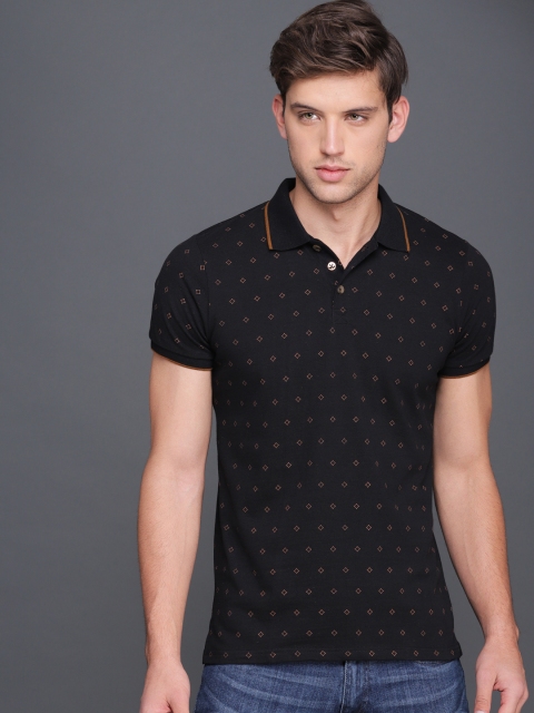 

WROGN Men Black Printed Polo Collar Slim Fit T-shirt
