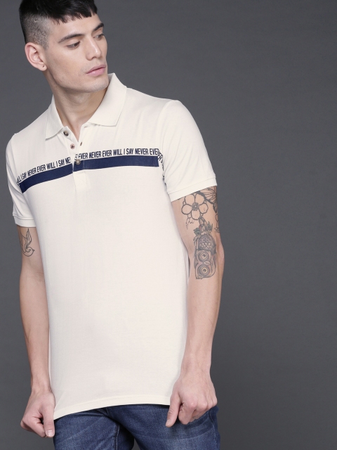 

WROGN Men Off-White Printed Slim Fit Polo Collar Pure Cotton T-shirt