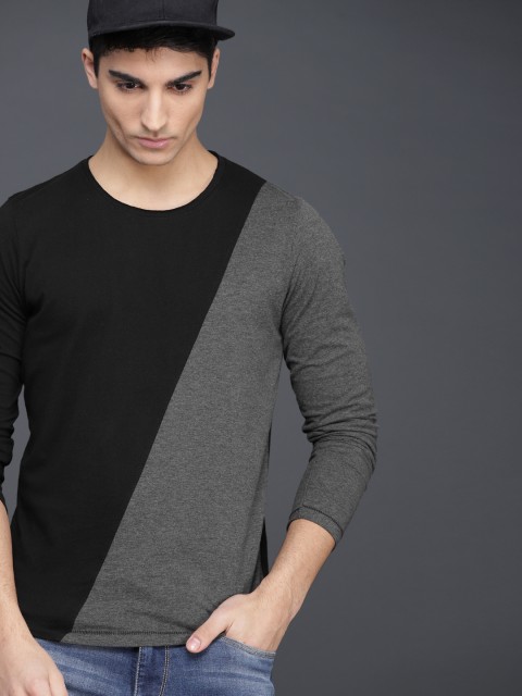 

WROGN Men Black & Grey Colourblocked Round Neck Slim Fit T-shirt