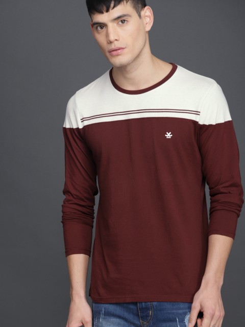 

WROGN Men Maroon White Colourblocked Round Neck Pure Cotton T-shirt