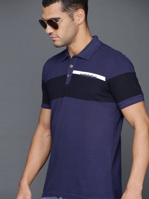

WROGN Men Navy Blue Striped Polo Collar T-shirt