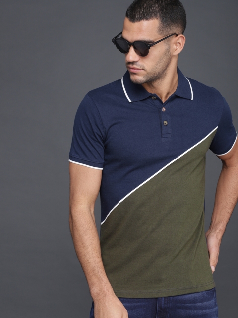 

WROGN Men Blue Olive Green Colourblocked Polo Collar Pure Cotton T-shirt