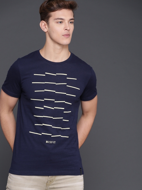 

WROGN Men Navy Printed Slim Fit Round Neck T-shirt, Navy blue