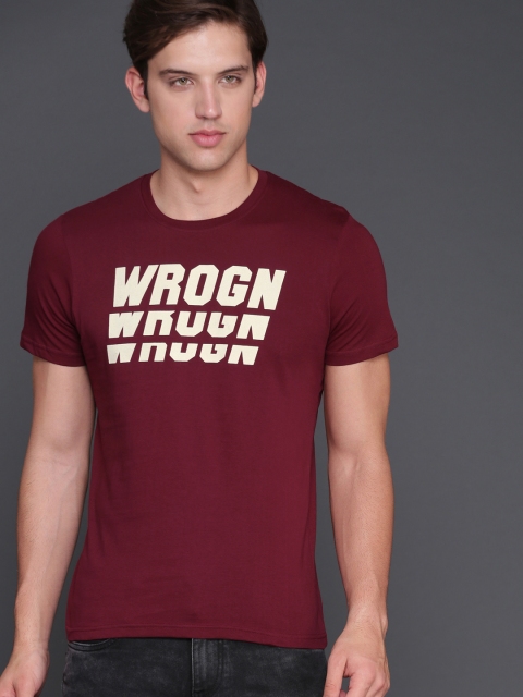 

WROGN Men Maroon Slim Fit Printed Round Neck T-shirt