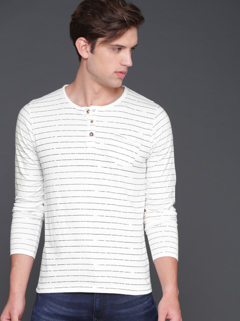 

WROGN Men White Striped Henley Neck Pure Cotton T-shirt