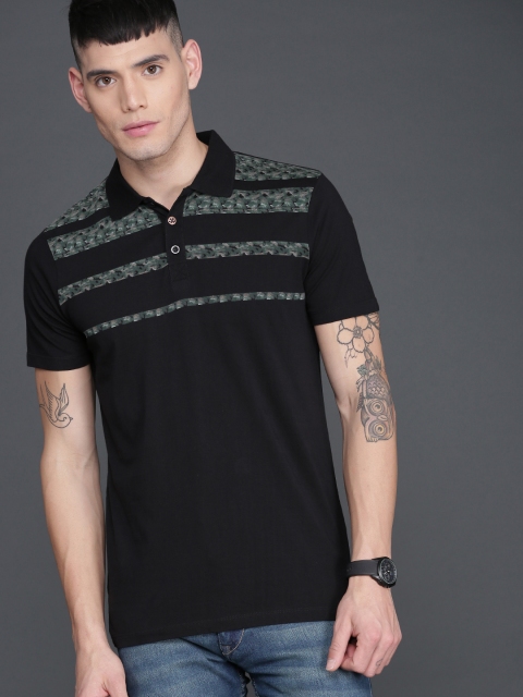

WROGN Men Black & Grey Striped Polo Collar T-shirt
