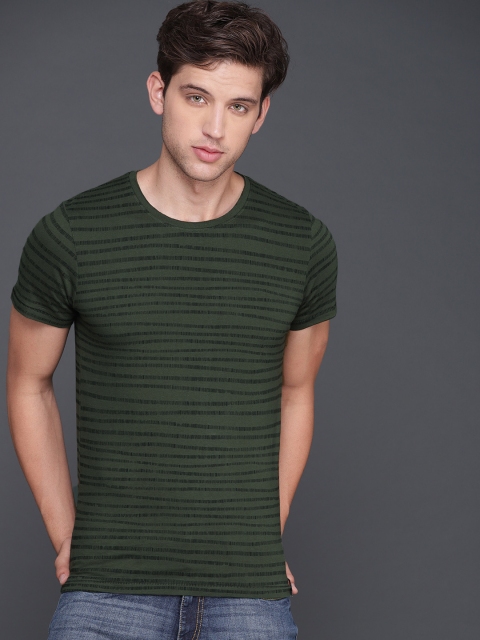 

WROGN Men Olive Green Striped Round Neck T-shirt