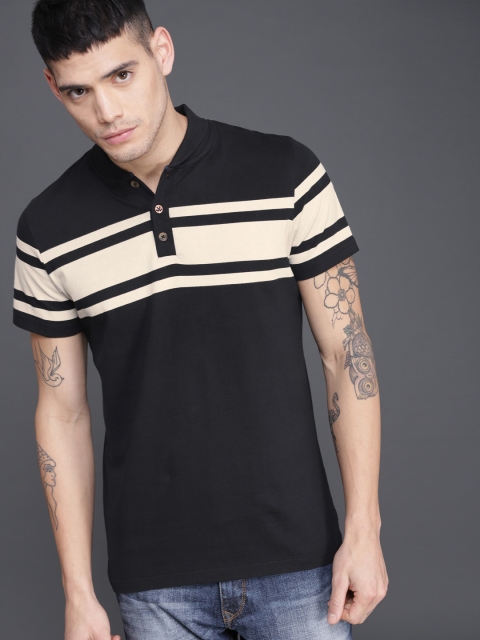

WROGN Men Black & Cream-Coloured Striped Polo Collar T-shirt
