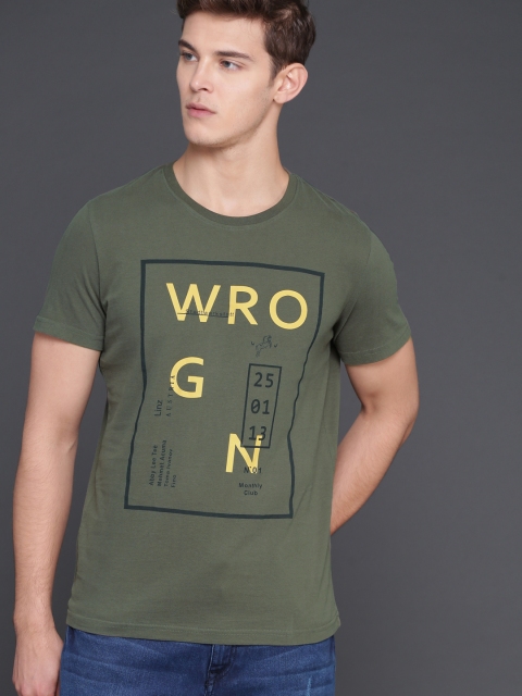 

WROGN Men Olive Green Printed Round Neck T-shirt