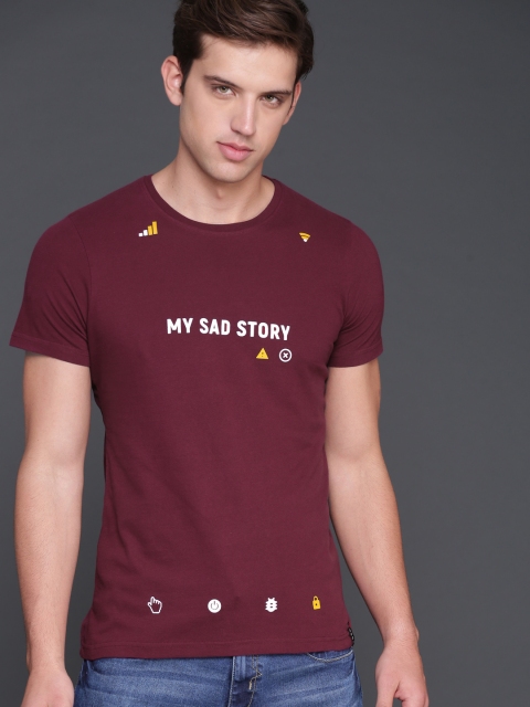 

WROGN Men Maroon Printed Round Neck T-shirt