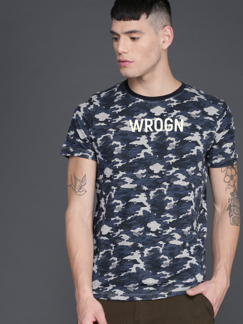 

WROGN Men Blue Printed Round Neck T-shirt