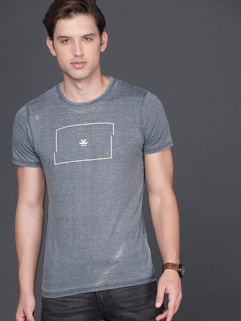 

WROGN Men Blue Printed Round Neck T-shirt