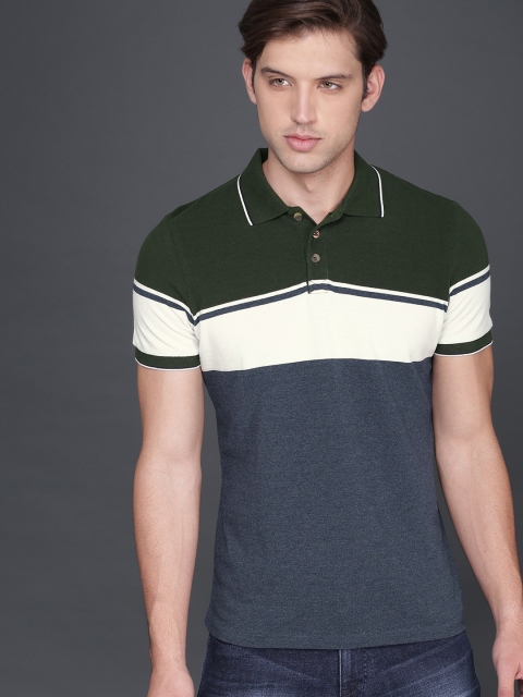 

WROGN Men Olive Green & Blue Colourblocked Polo Collar T-shirt