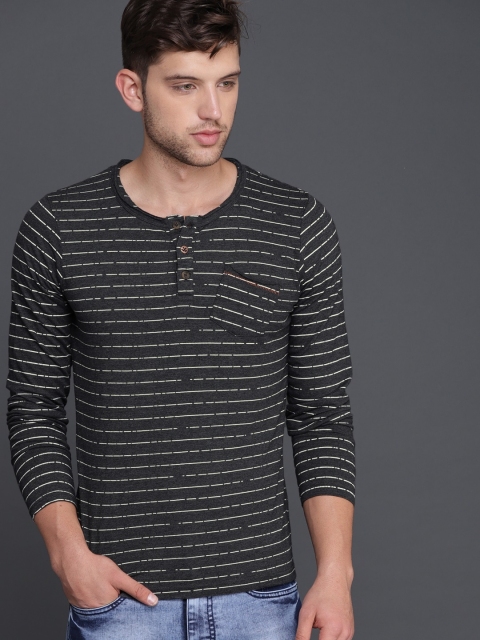 

WROGN Men Charcoal Striped Henley Neck T-shirt
