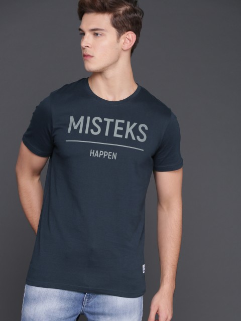 

WROGN Men Navy Slim Fit Printed Round Neck T-shirt, Navy blue