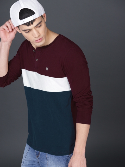 

WROGN Men Maroon & Teal Blue Colourblocked Henley T-shirt