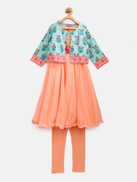 

Biba Girls Peach-Coloured & Sea Green Layered Kurta with Churidar & Ethnic Jacket