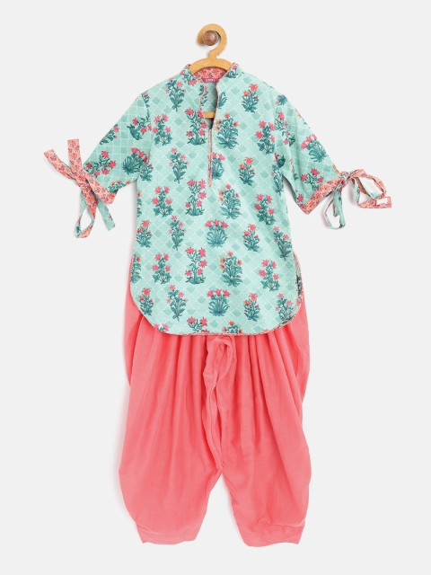 

Biba Girls Turquoise Blue Printed Kurta with Coral Pink Solid Patiala