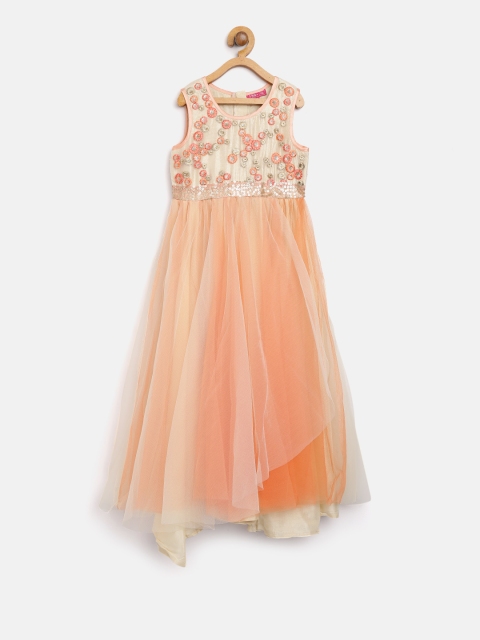 

Biba Girls Peach-Coloured & Beige Self Design Net Maxi Dress