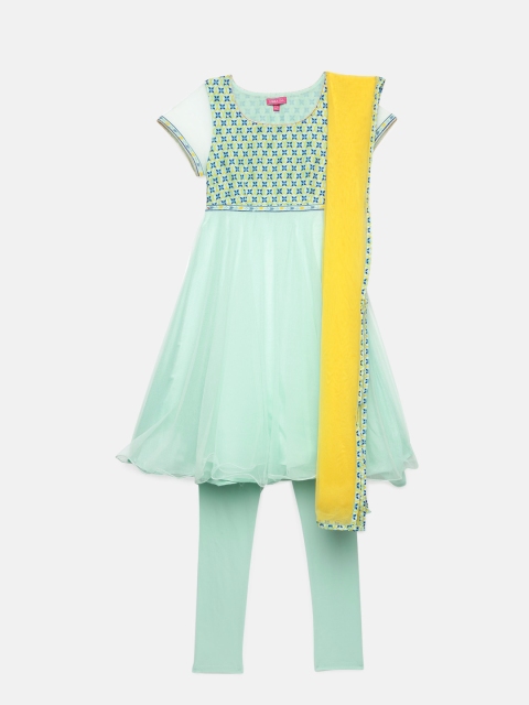 

Biba Girls Sea Green & Yellow Printed Kurta with Churidar & Dupatta